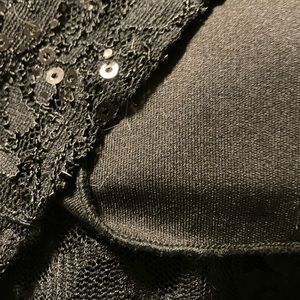 Tiana. Black lace and sequins dress with slip.